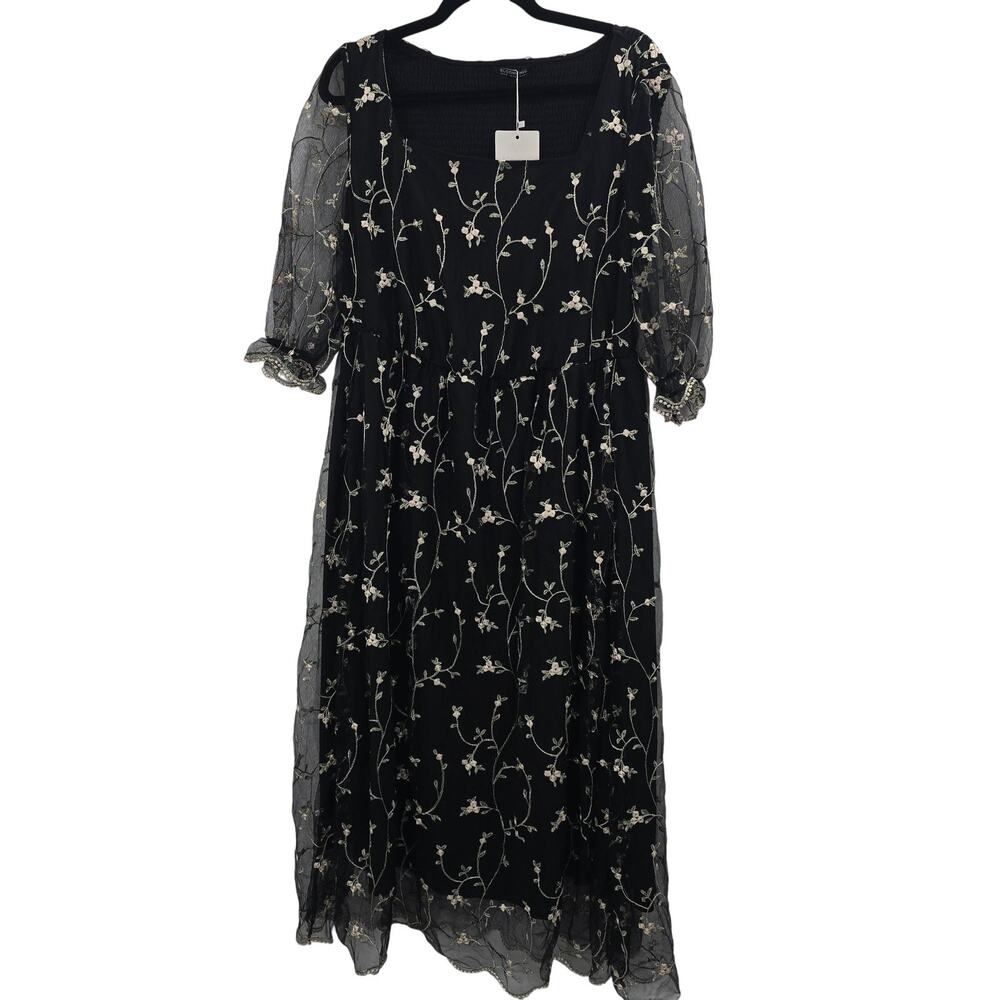 BloomChic Black Floral Embroidered Puff Sleeve Maxi Dress 18W 20W Plus Size